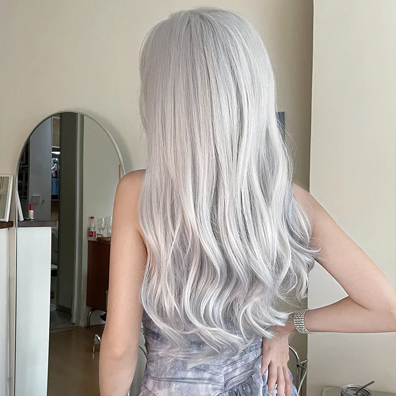 Silver blue pick color long curly headband with bangs,wig