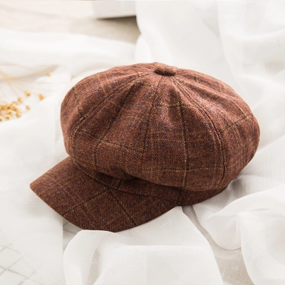 Japanese British Retro Plaid Octagonal Cap 02