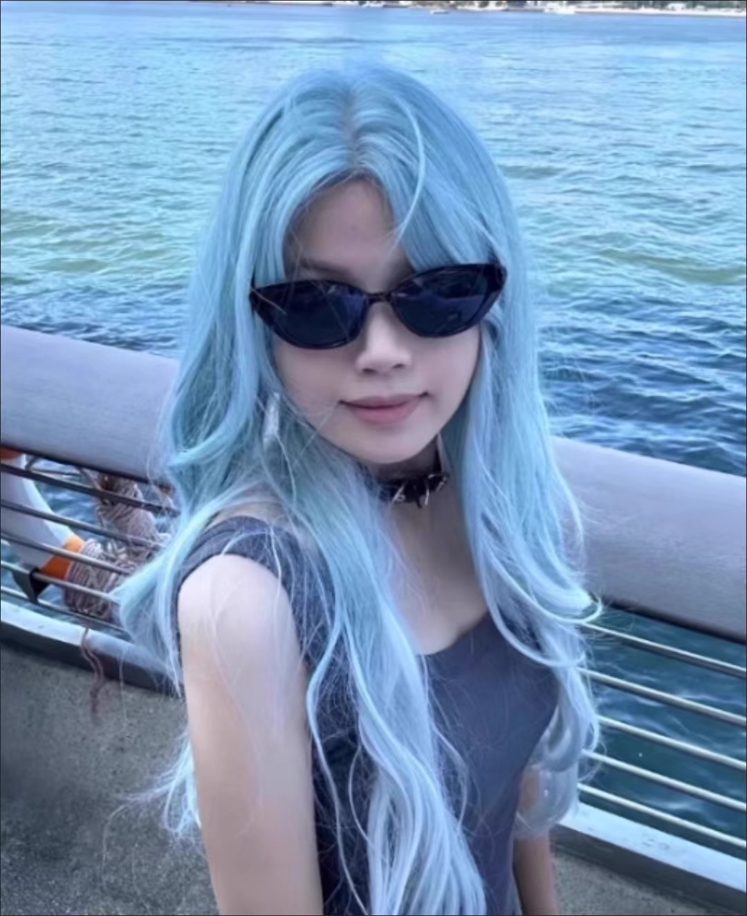 Silver blue pick color long curly headband with bangs,wig review Emily Davis