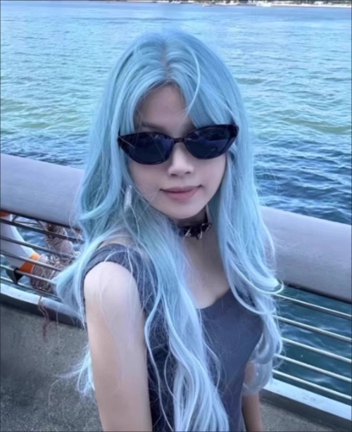 Silver blue pick color long curly headband with bangs,wig review Emily Davis