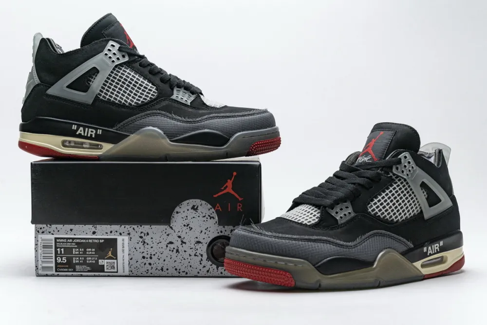 Reps StockX Shoes OFF White x Air Jordan 4 Bred Black Red CV9388-001??