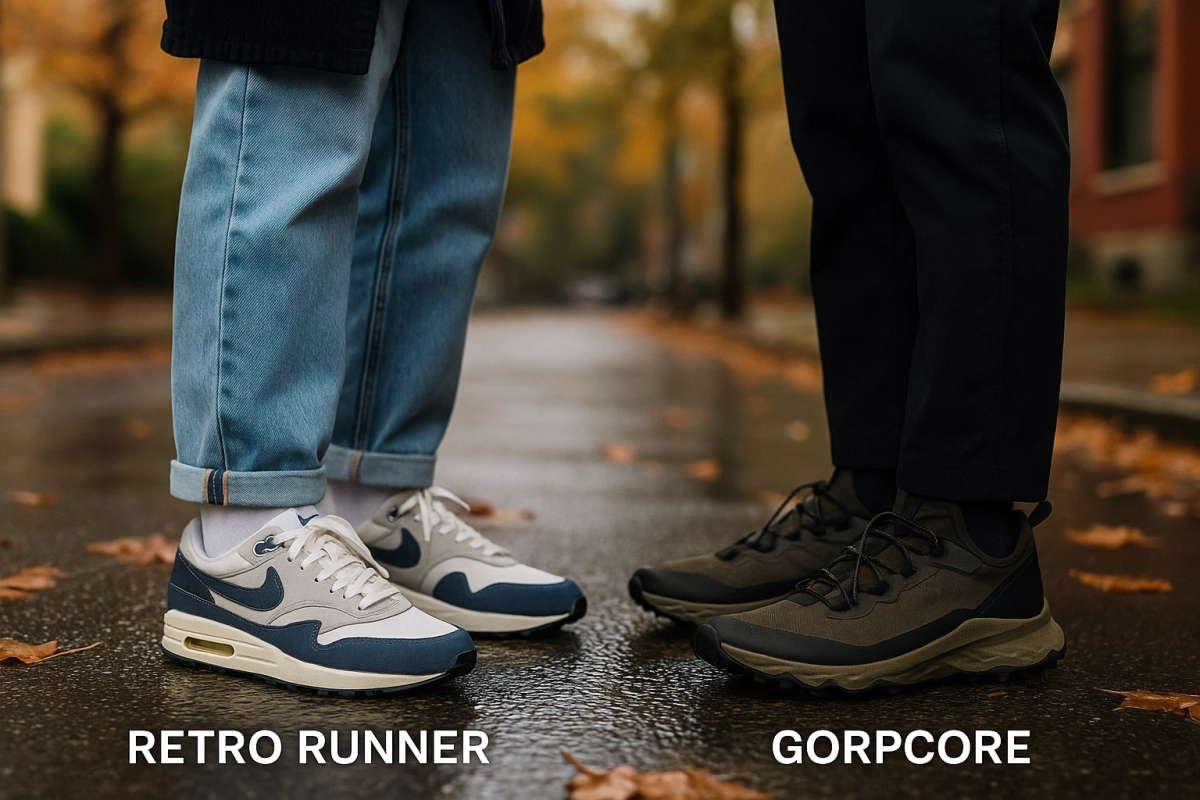 Retro runner (Nike Air Max) vs Gorpcore (ACG Mountain Fly) on wet city pavement — fall outfits comparison