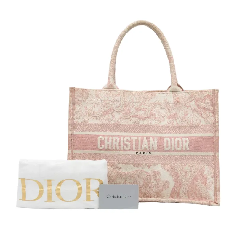 Medium Dior Book Tote Ecru and Pink Toile de Jouy Embroidery