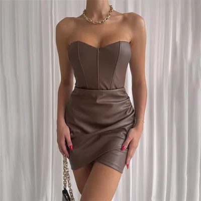 Fashionable Design Strapless Sexy Hip Hugging PU Dress 01