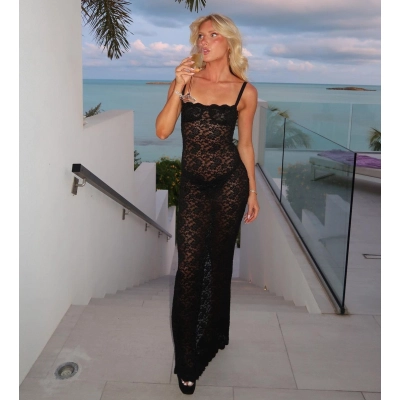 Fashionable One Neck Sexy See Through Lace Slim Fit Dress  02