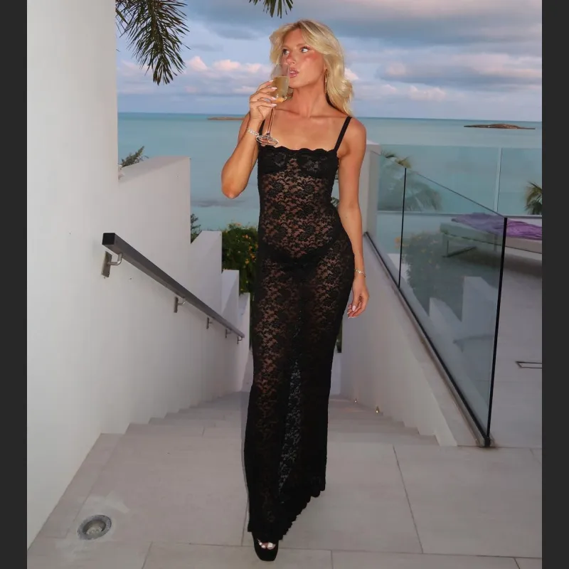 Fashionable One Neck Sexy See Through Lace Slim Fit Dress 