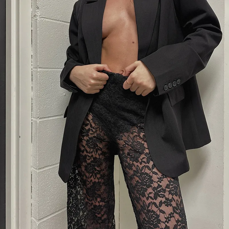 New Sexy and Versatile Lace Perspective High Waist Splicing Long Style