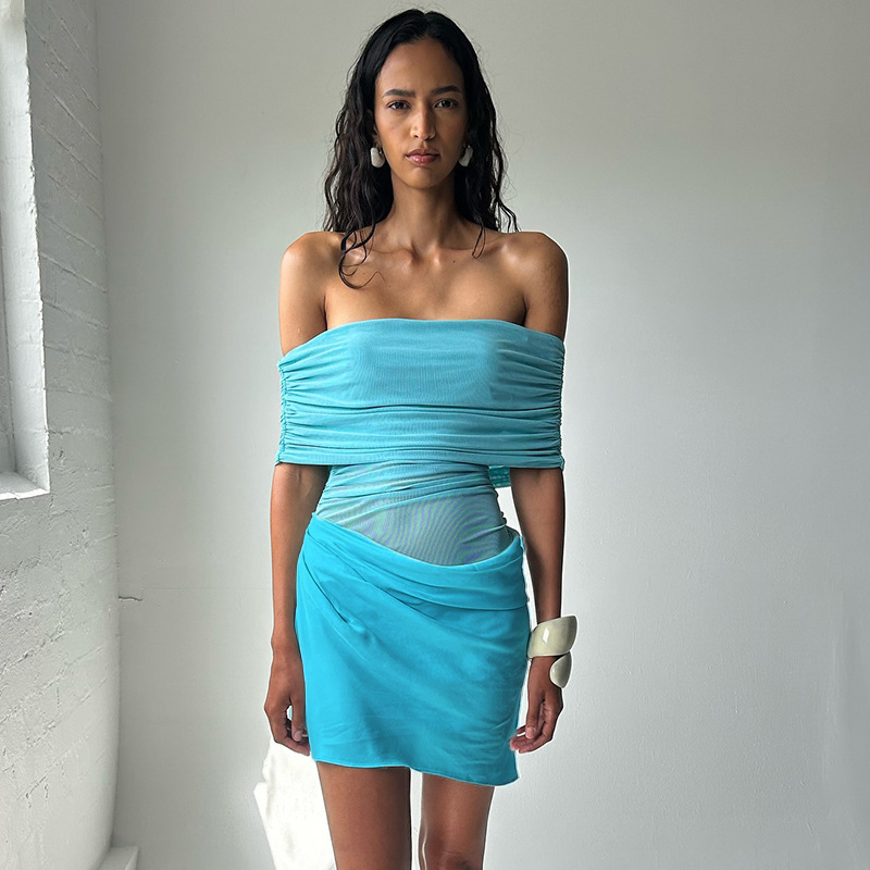 One Shoulder Mesh Hollow Pleated Exposed Waist Short Dress