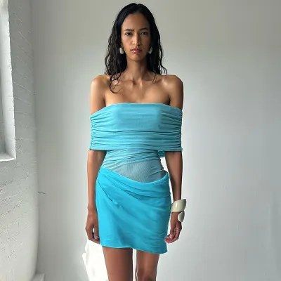 One Shoulder Mesh Hollow Pleated Exposed Waist Short Dress 01