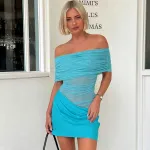 One Shoulder Mesh Hollow Pleated Exposed Waist Short Dress