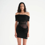 One Shoulder Mesh Hollow Pleated Exposed Waist Short Dress