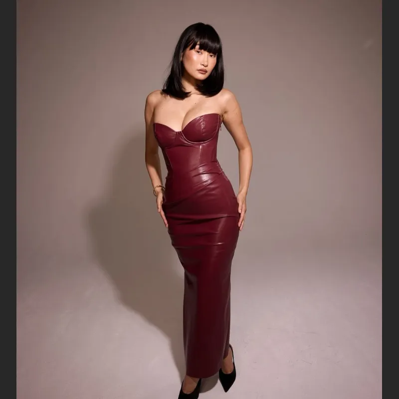 Pu Spicy Girl Strapless Tied Pleated Slit Dress