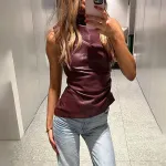Women's Leather Stand Up Collar Personalized Waist Cinching  Irregular Hem