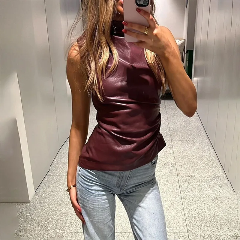 Women's Leather Stand Up Collar Personalized Waist Cinching  Irregular Hem