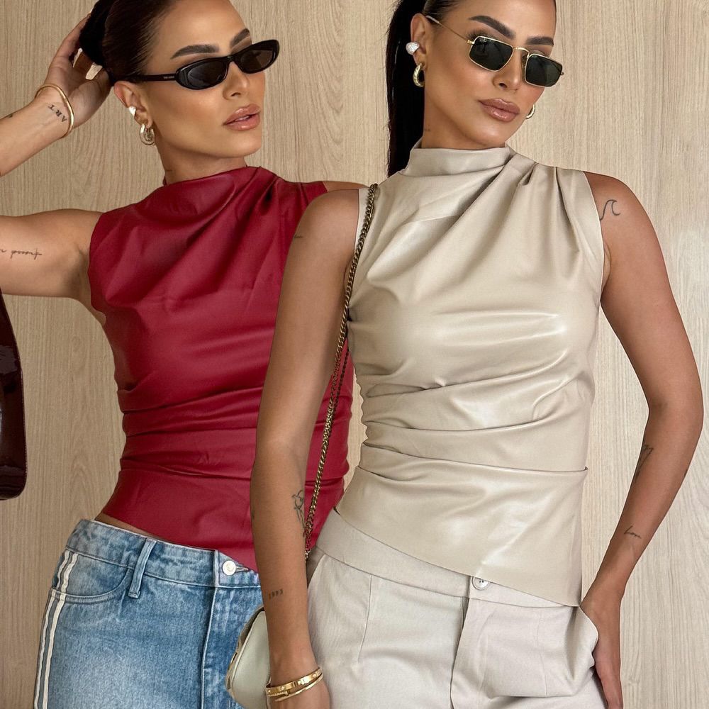 Women's Leather Stand Up Collar Personalized Waist Cinching  Irregular Hem