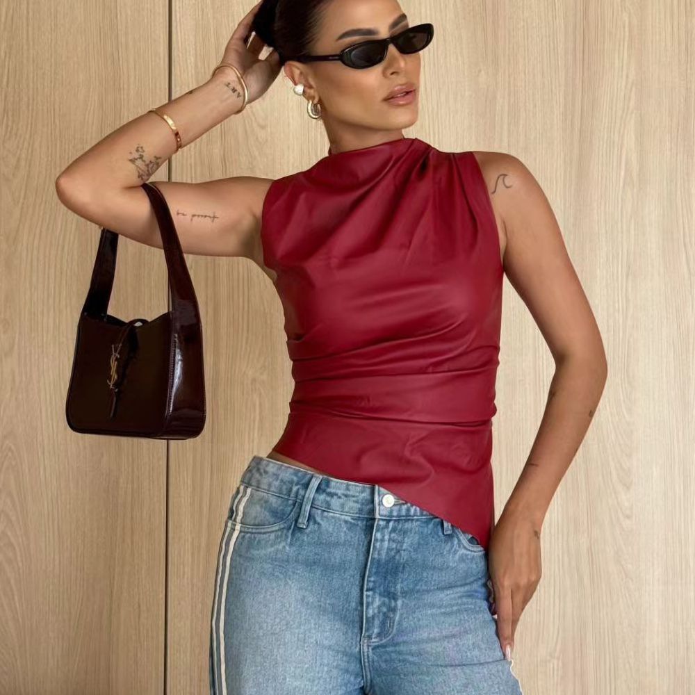 Women's Leather Stand Up Collar Personalized Waist Cinching  Irregular Hem