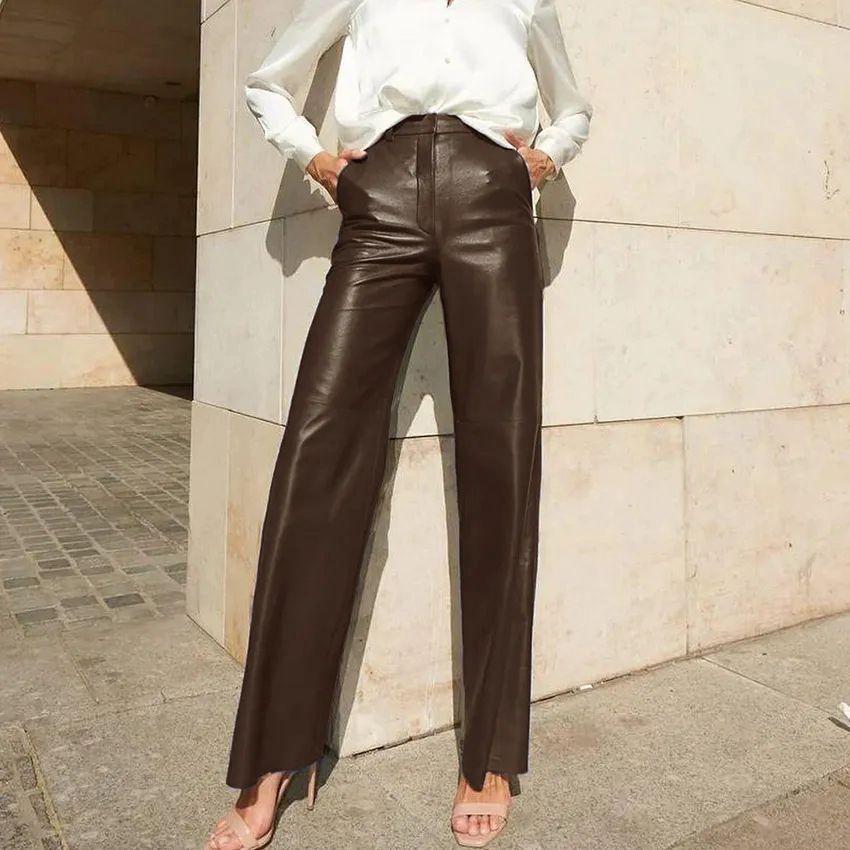 Fashion PU Leather Mid High Waist Lifting Straight Leg Women's Casual Pants