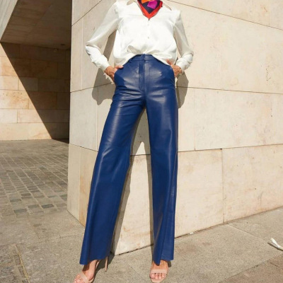 Fashion PU Leather Mid High Waist Lifting Straight Leg Women's Casual Pants 01