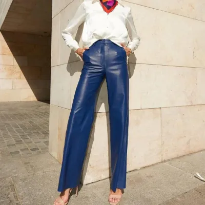 Fashion PU Leather Mid High Waist Lifting Straight Leg Women's Casual Pants 01