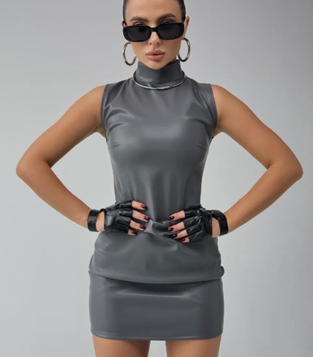 Fashionable Slim Fit PU Leather Mini Skirt Solid Color Skirt