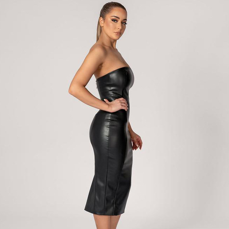 Fashionable Temperament Slim Fit Strapless Split Open Explosive PU Leather Skirt