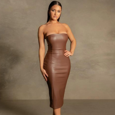 Fashionable Temperament Slim Fit Strapless Split Open Explosive PU Leather Skirt 01