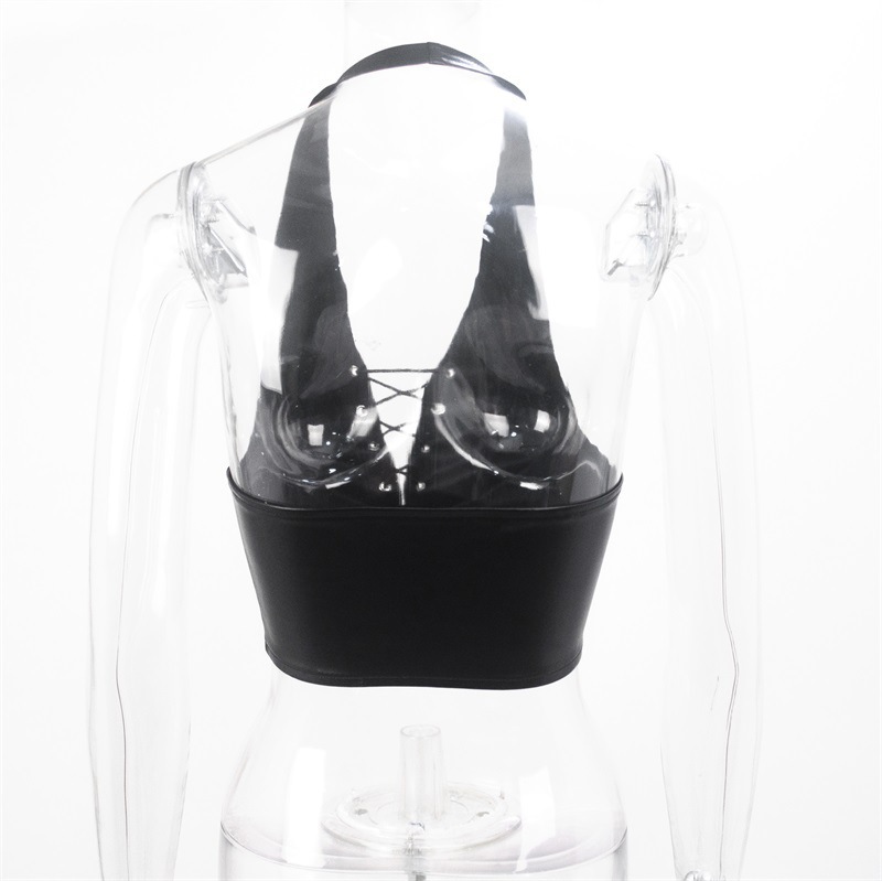 Hanging Neck Sexy Backless Lace Up Short PU Vest