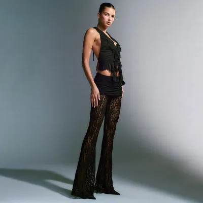 Lace Patchwork Deep V-Long Sleeved Top Slim Fit Perspective Set 01