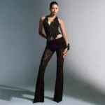 Lace Patchwork Deep V-Long Sleeved Top Slim Fit Perspective Set