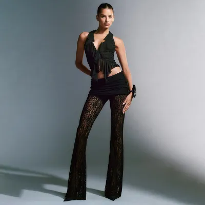 Lace Patchwork Deep V-Long Sleeved Top Slim Fit Perspective Set 02