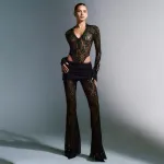 Lace Patchwork Deep V-Long Sleeved Top Slim Fit Perspective Set