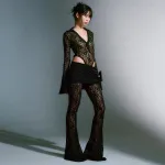 Lace Patchwork Deep V-Long Sleeved Top Slim Fit Perspective Set