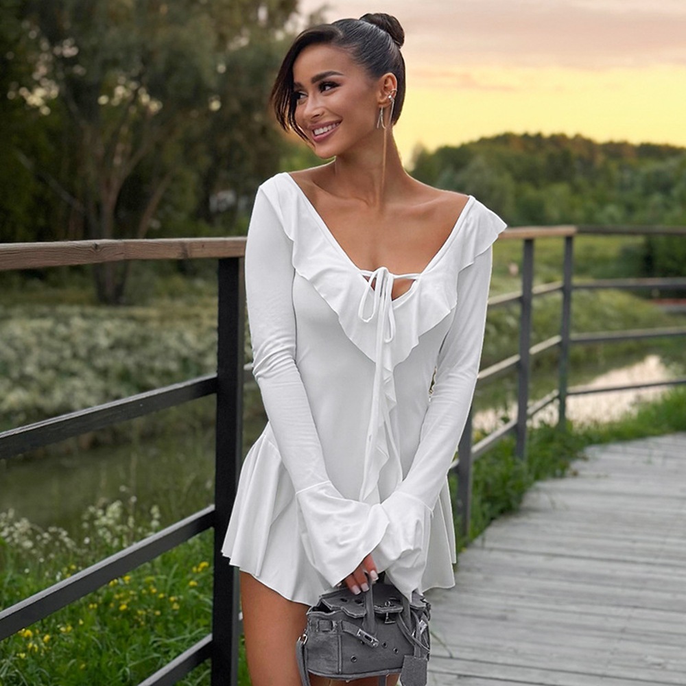 Lotus Leaf Edge Pointed Collar Tied Rope Trumpet Sleeve Dress Cross