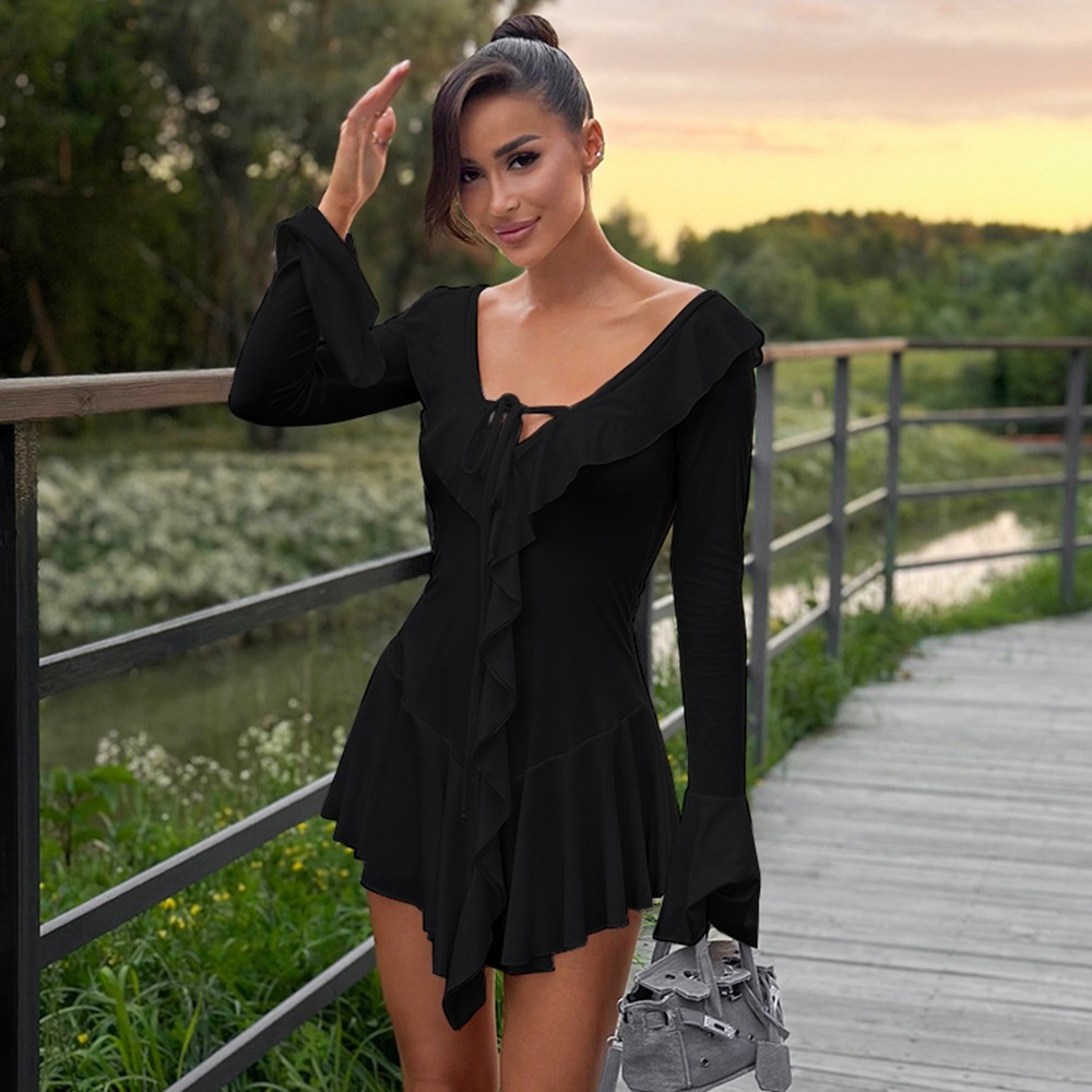 Lotus Leaf Edge Pointed Collar Tied Rope Trumpet Sleeve Dress Cross