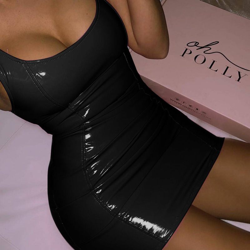 PU Solid Color Camisole Dress For Women, Tight Fitting Leather Skirt