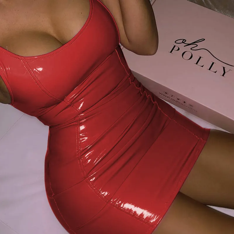 PU Solid Color Camisole Dress For Women, Tight Fitting Leather Skirt