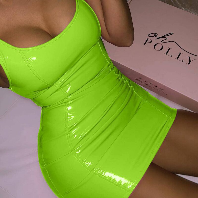 PU Solid Color Camisole Dress For Women, Tight Fitting Leather Skirt