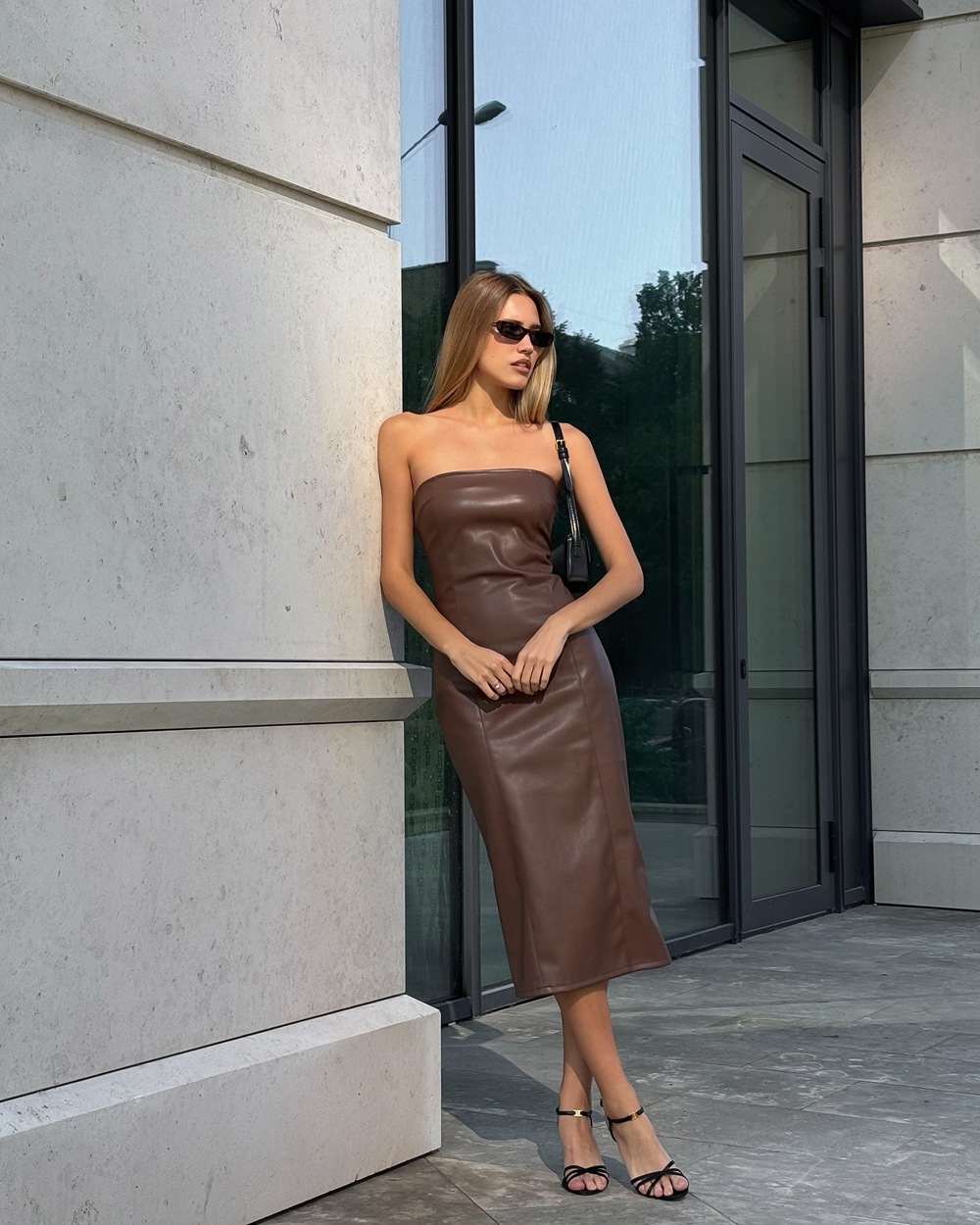 Sexy Strapless Dress PU Solid Color Temperament Skirt Slit