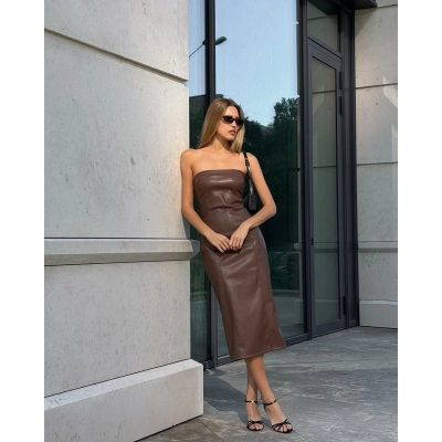Sexy Strapless Dress PU Solid Color Temperament Skirt Slit 02