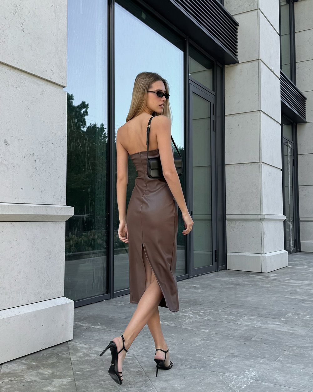 Sexy Strapless Dress PU Solid Color Temperament Skirt Slit