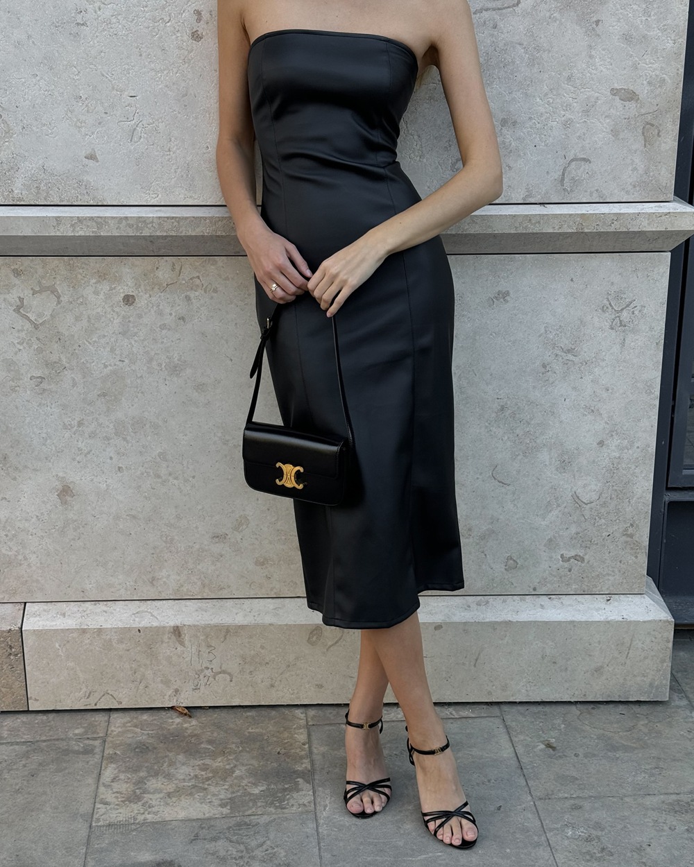 Sexy Strapless Dress PU Solid Color Temperament Skirt Slit