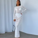 Solid Color Lace See Through Long Sleeved Mid Length Dress