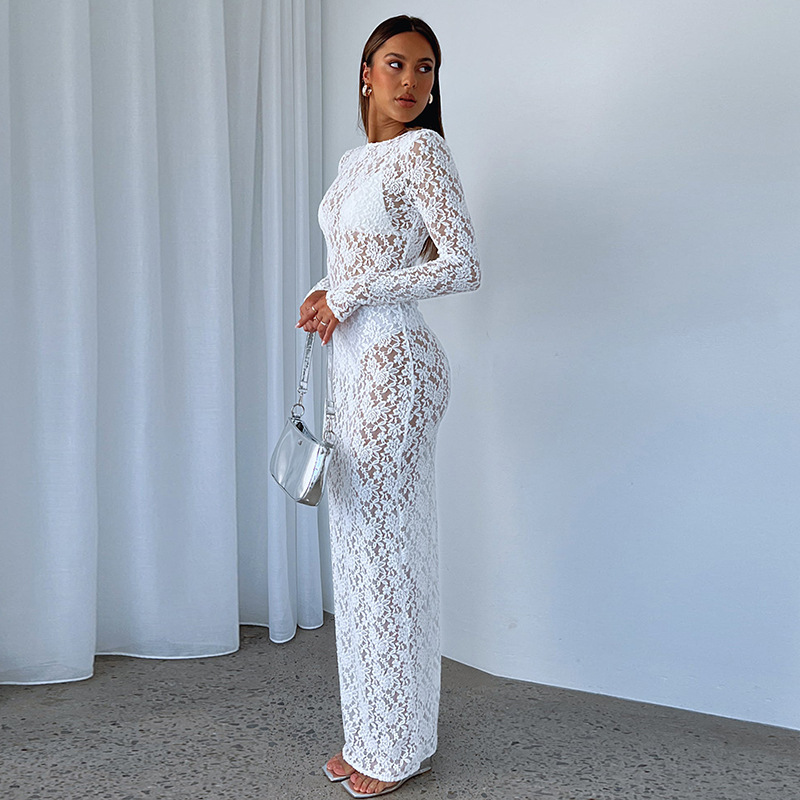 Solid Color Lace See Through Long Sleeved Mid Length Dress