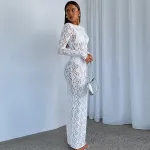 Solid Color Lace See Through Long Sleeved Mid Length Dress