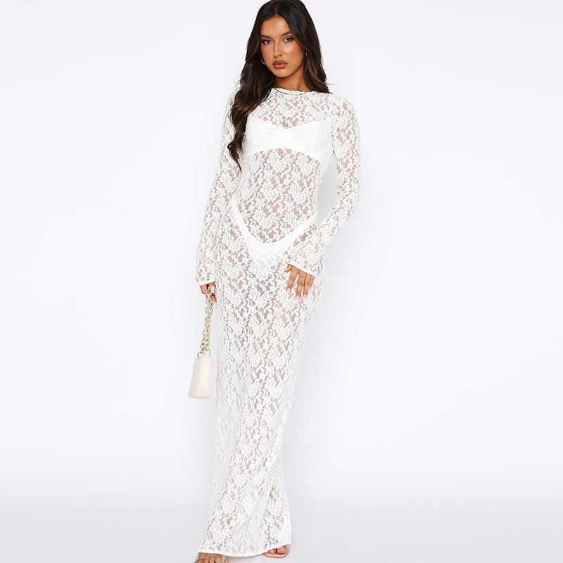 Solid Color Lace See Through Long Sleeved Mid Length Dress