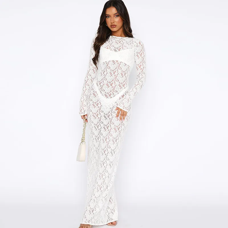 Solid Color Lace See Through Long Sleeved Mid Length Dress