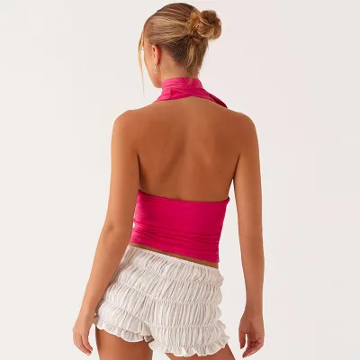 Solid Color Lace Up Sexy Sleeveless Backless Halter Top 02
