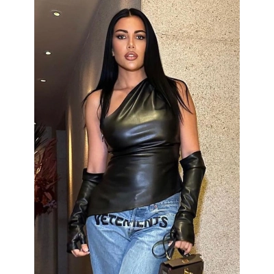 Trendy Sleeveless Sloping Collar PU Vest With Sleeve Top 01