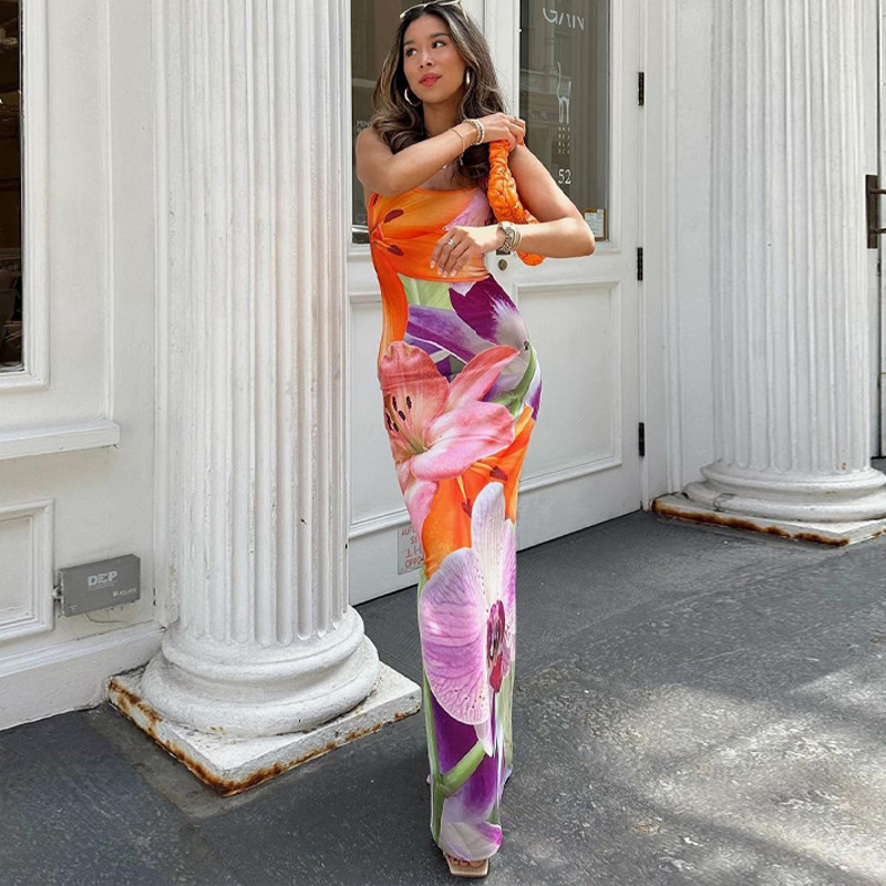 Fashionable And Sexy Backless Slit Suspender Dress