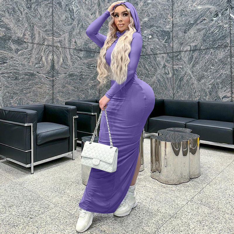 Fashionable Slim Fit Hooded Dress With Hip Opening